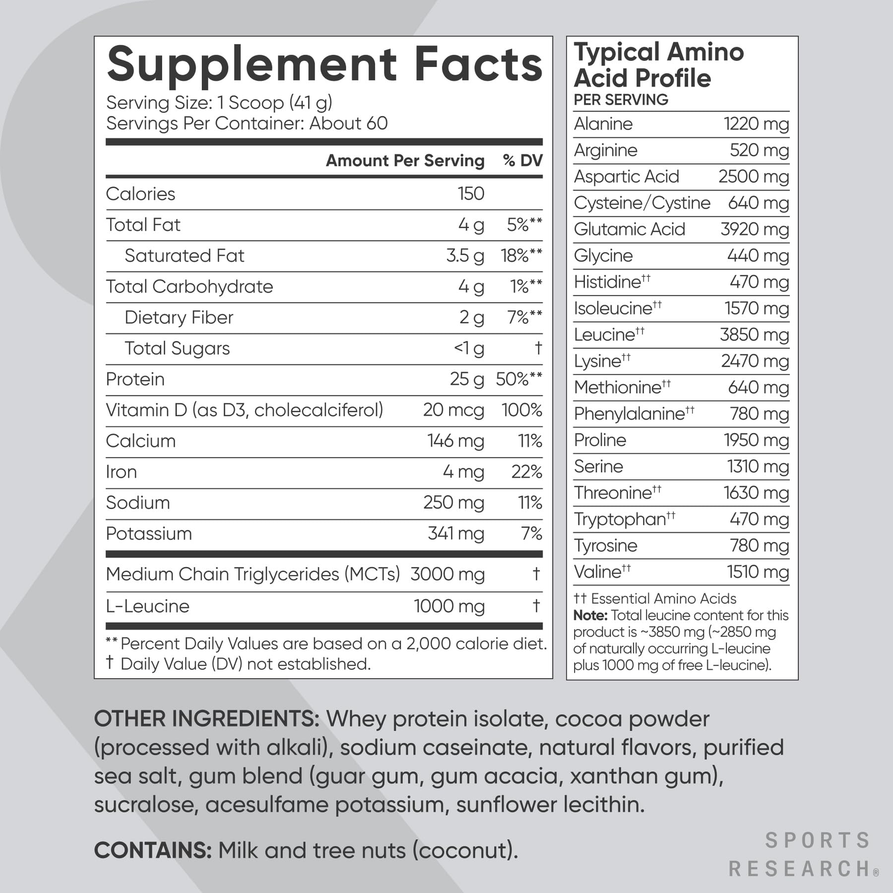 Dutch Chocolate flavor scoop and 5 lb tub of Sports Research Whey Protein