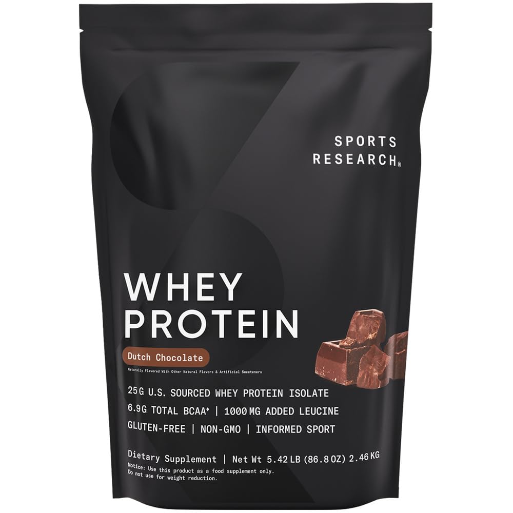 Front view of Sports Research Whey Protein Dutch Chocolate 5 lb tub