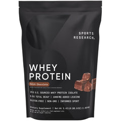 Front view of Sports Research Whey Protein Dutch Chocolate 5 lb tub