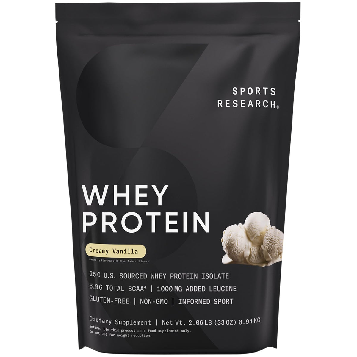 Front view of Sports Research Whey Protein Isolate Vanilla packaging