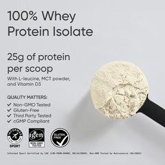 Close-up of vanilla whey protein isolate label on the Sports Research container