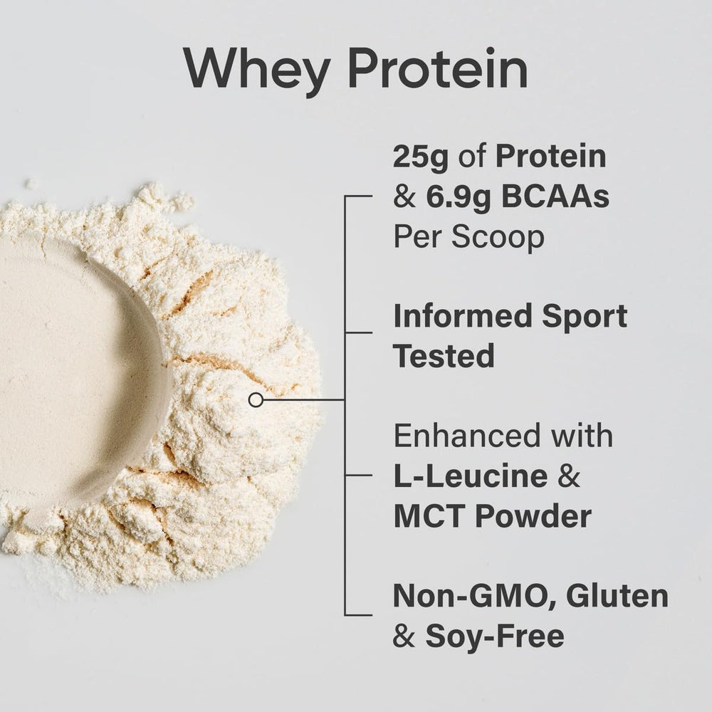 One scoop of vanilla whey protein isolate being poured into a glass