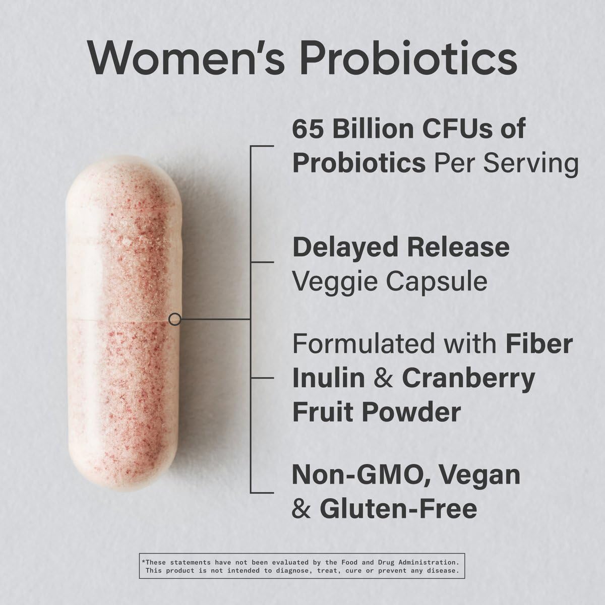 Close-up of probiotic bottle showing 65 Billion CFU and Cranberry ingredients