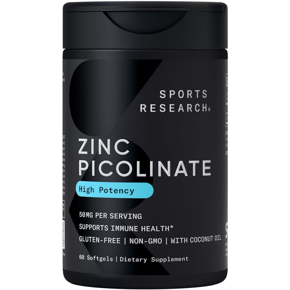 Front view of Sports Research Zinc Picolinate 50mg softgels bottle
