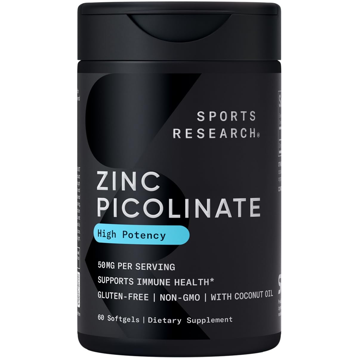 Front view of Sports Research Zinc Picolinate 50mg softgels bottle