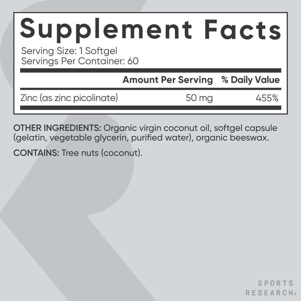 Product label of Sports Research Zinc Picolinate 50mg