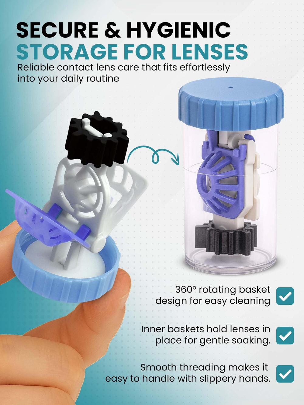 Durable, safe-material contact lens case with neutralizing bottom disc