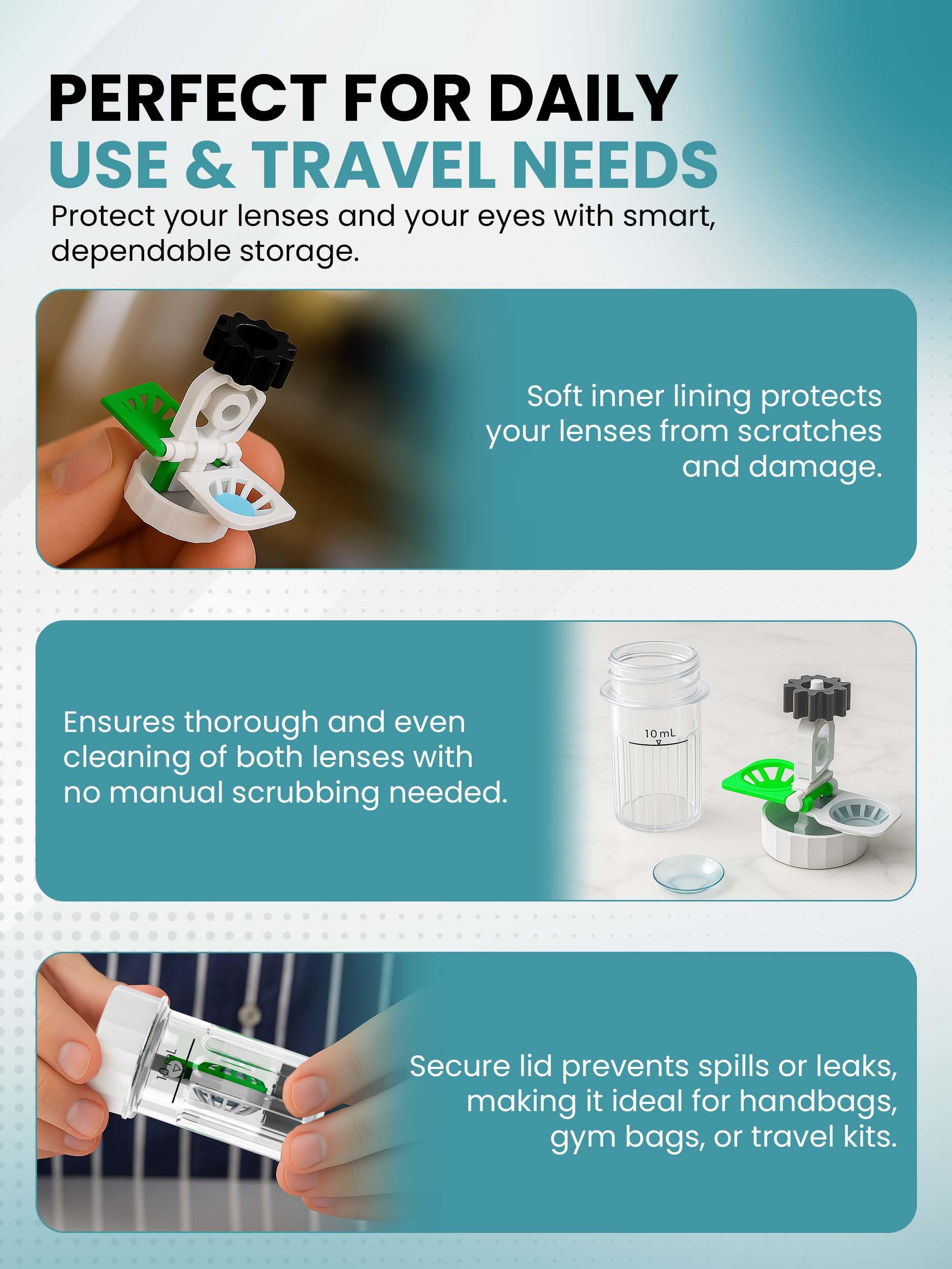 Portable everyday-use lens cleaning container