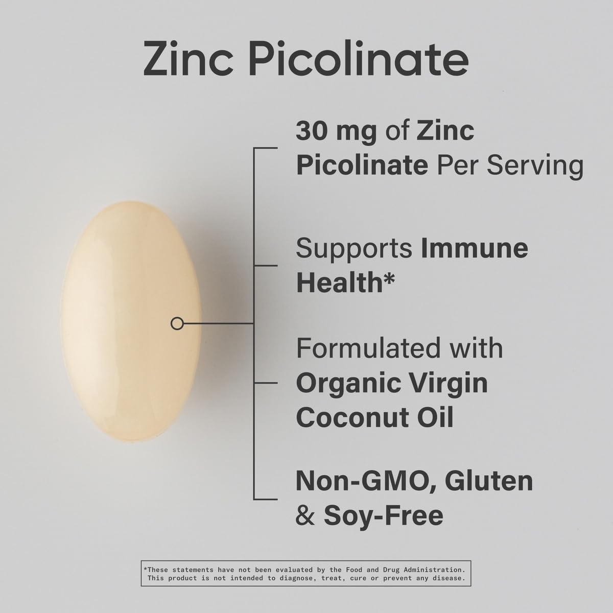 Close-up of zinc picolinate 30mg liquid softgels