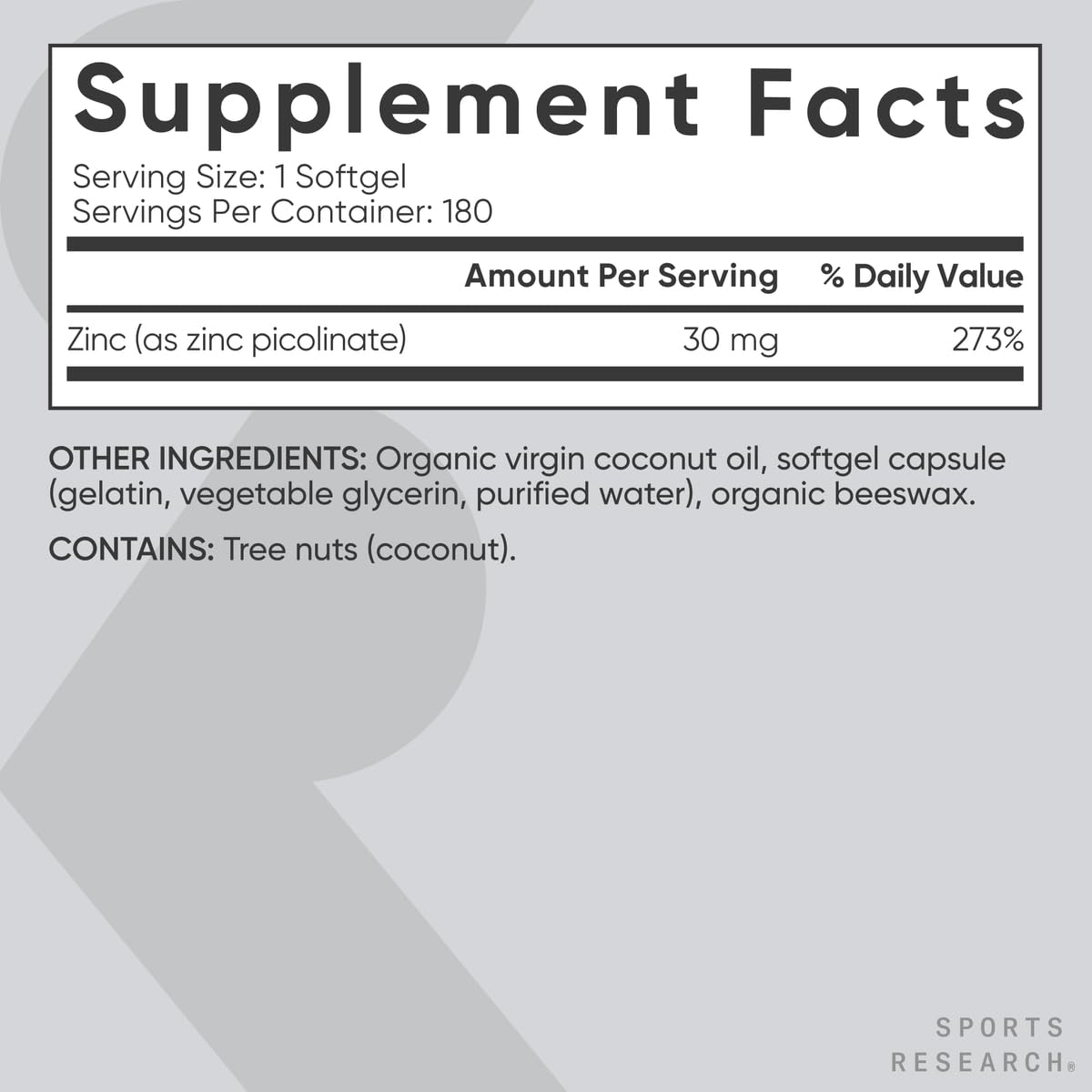 180-liquid softgels zinc supplement bottle on a surface