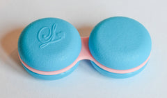 Inside view of the case showing raised L/R markings and two-tone light blue macaroon design