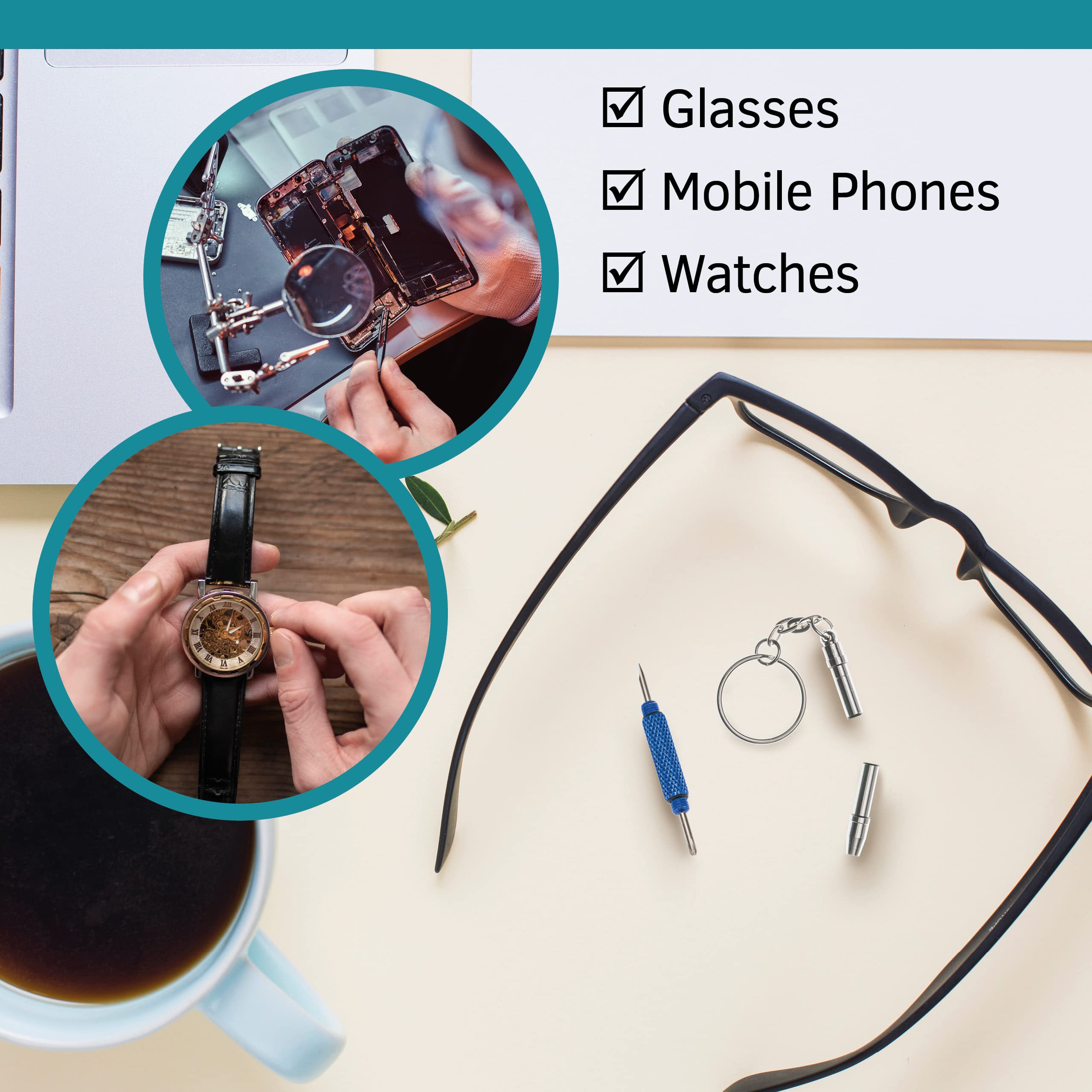Stainless steel 5-in-1 repair tool for eyewear and small devices