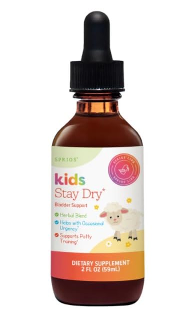 Front label of SPRIGS Kids Stay Dry Bladder Support bottle