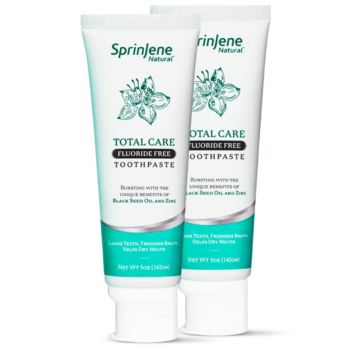 Front view of SprinJene fluoride-free toothpaste 2-pack
