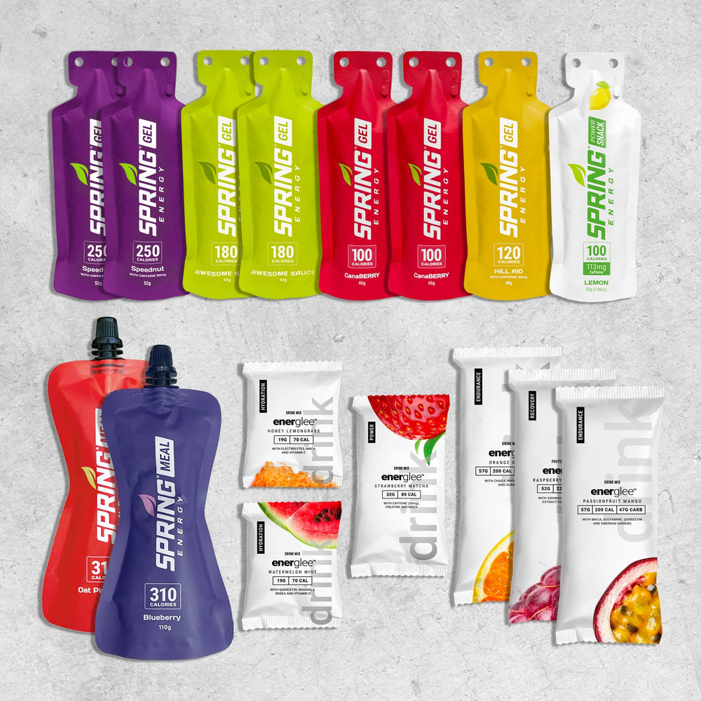 Spring Energy Energlee pack front view for real-food fueling on endurance workouts.