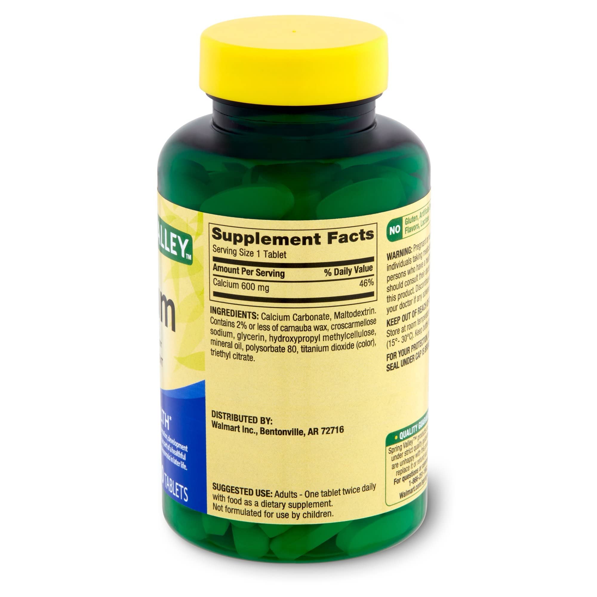 Label on Calcium 600mg bottle displaying 100 tablets