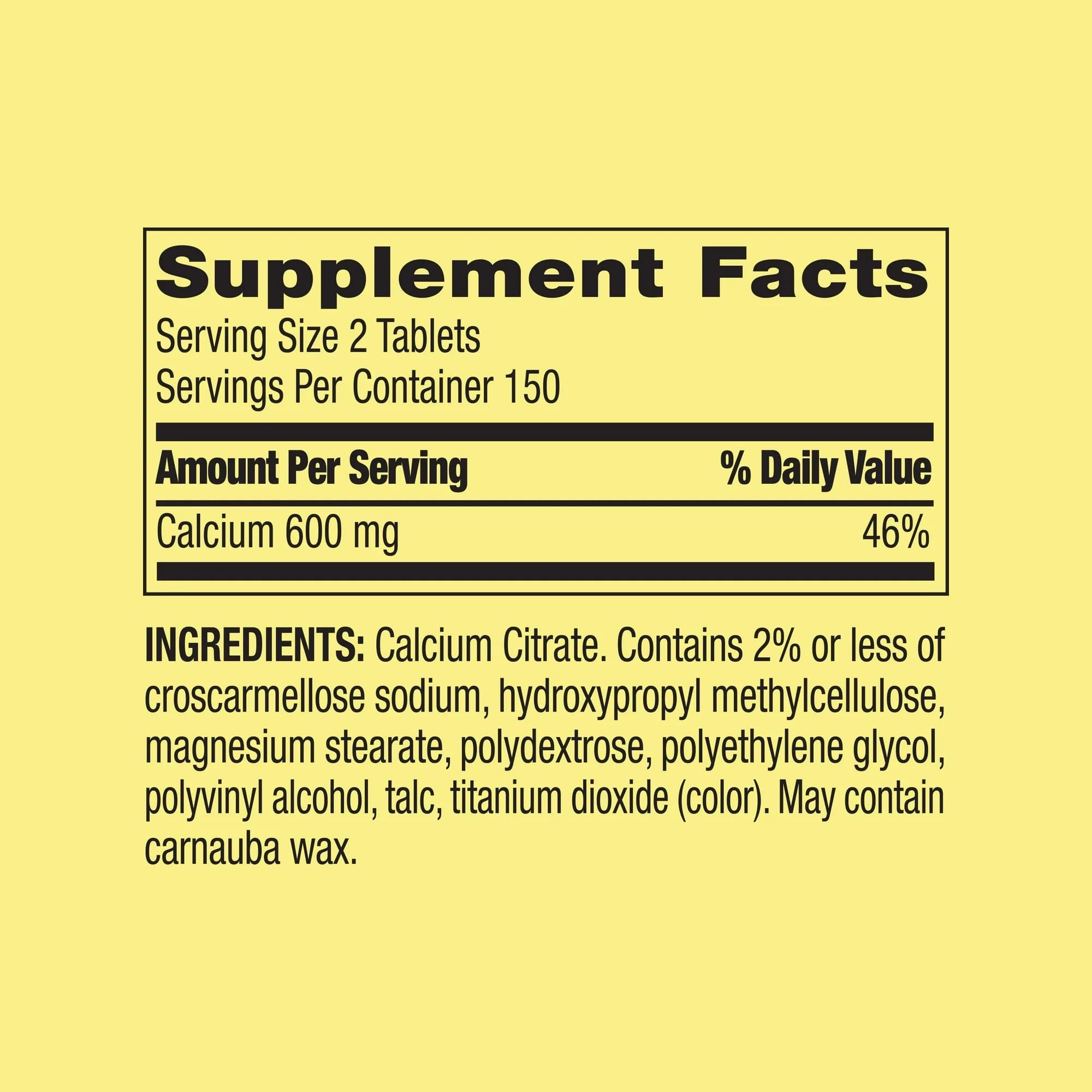 Nutrition facts panel for Spring Valley Calcium Citrate 600mg