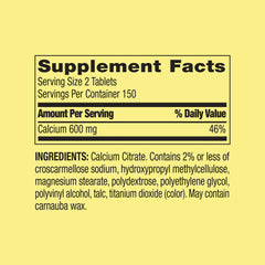 Nutrition facts panel for Spring Valley Calcium Citrate 600mg