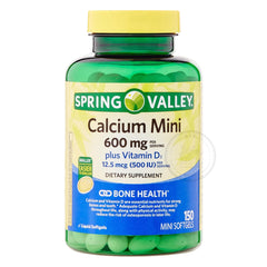 Product bottle close-up of Spring Valley Calcium Plus Vitamin D3 150 Mini Softgels