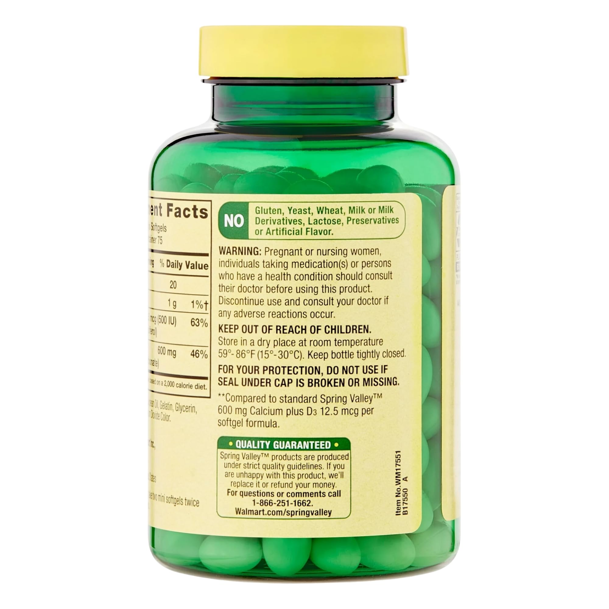 Ingredients panel showing calcium and vitamin D3 per serving