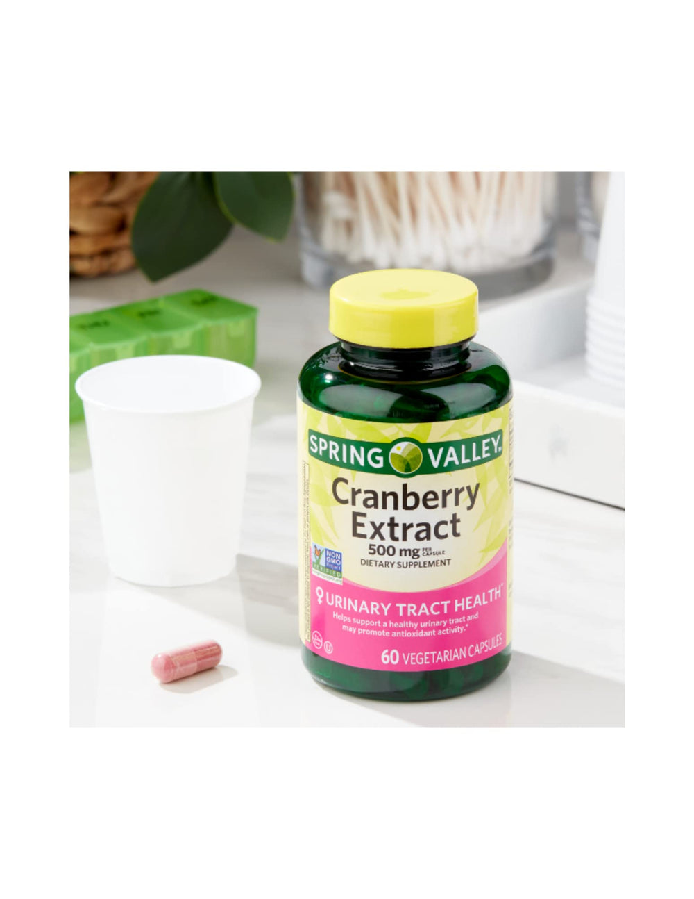 Close-up of 500 mg cranberry extract capsules