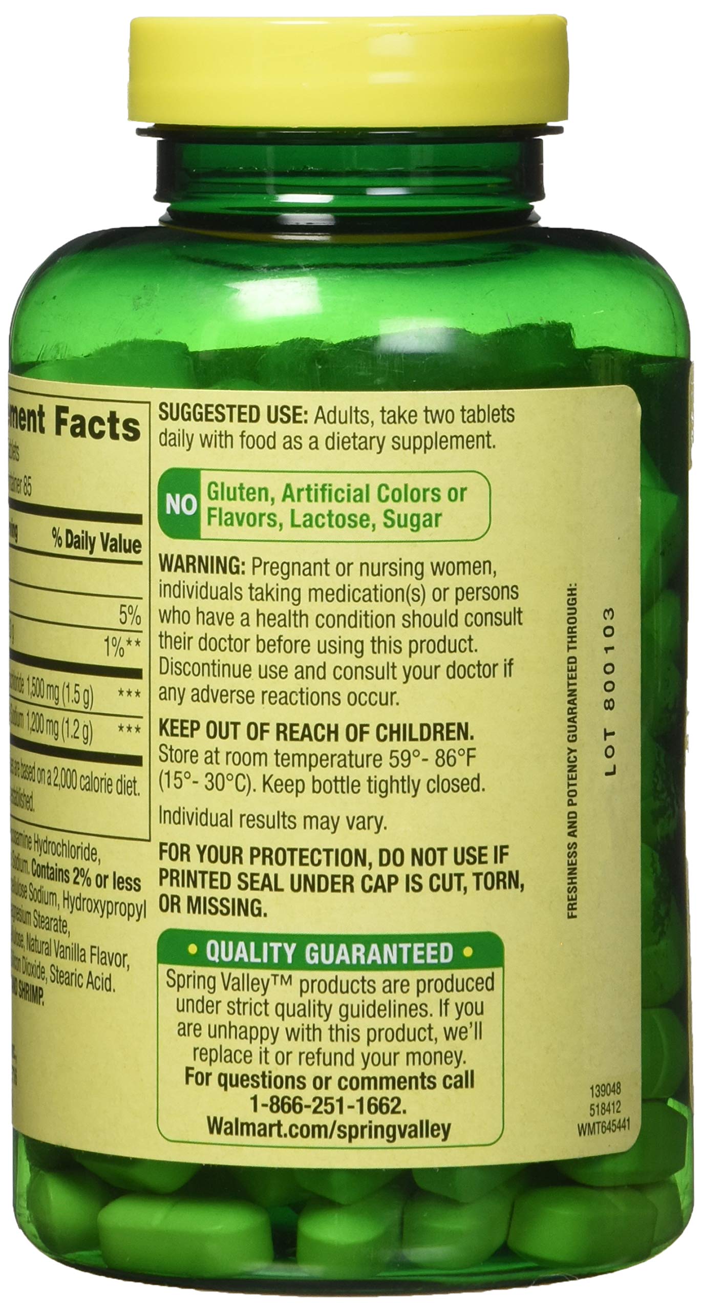 Spring Valley glucosamine chondroitin bottle with tablets beside it