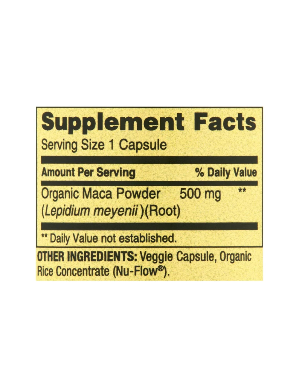 Close-up of Maca Root capsule cap showing 500mg dosage