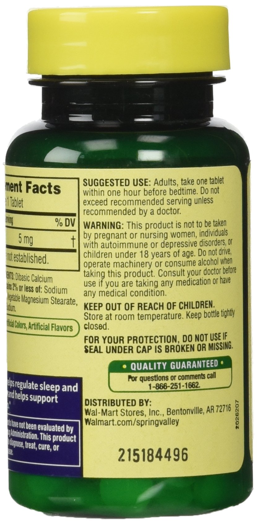 Label displaying 5 mg melatonin per tablet