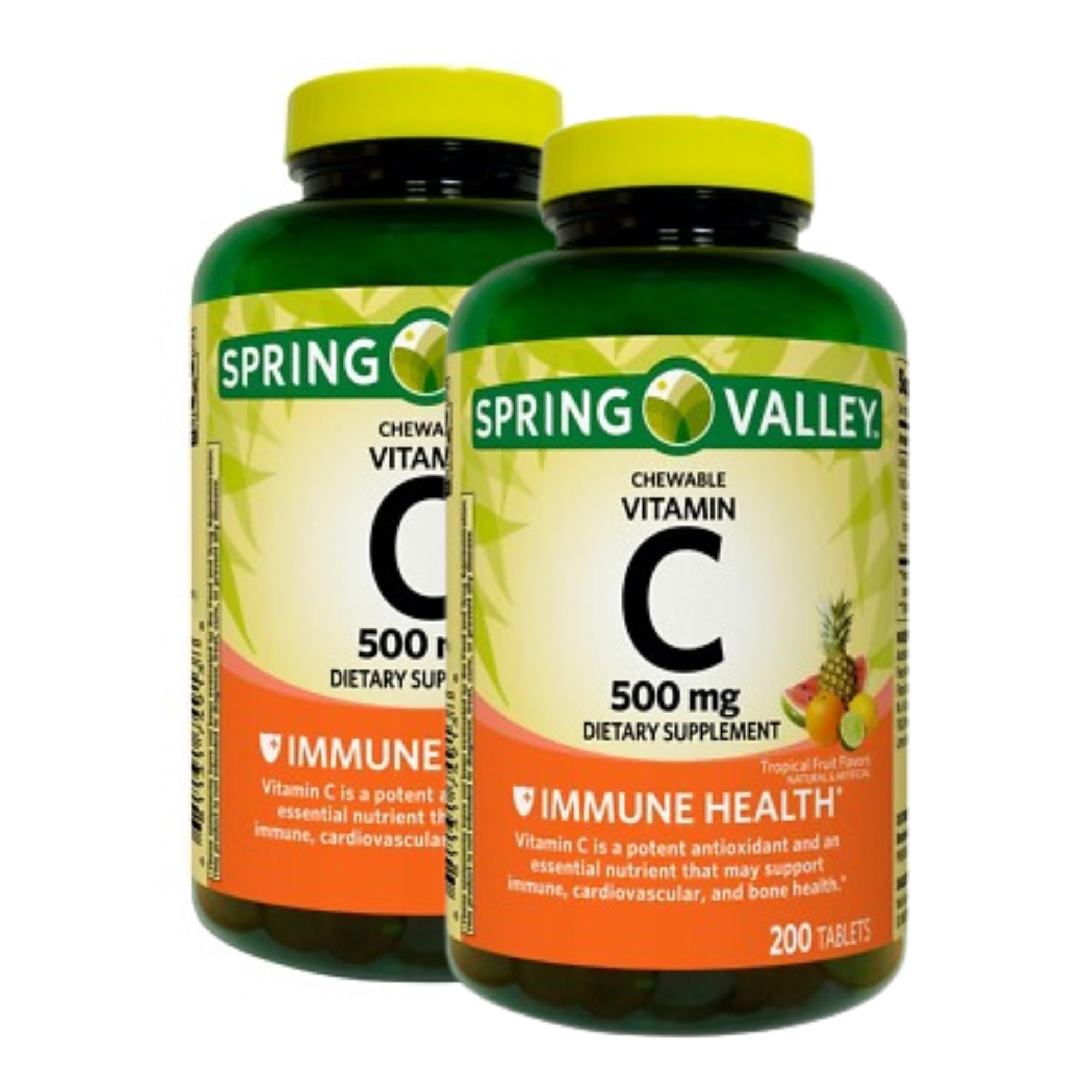 Spring Valley Vitamin C 500 mg Chewable Tablets bottle front with tropical fruit flavor