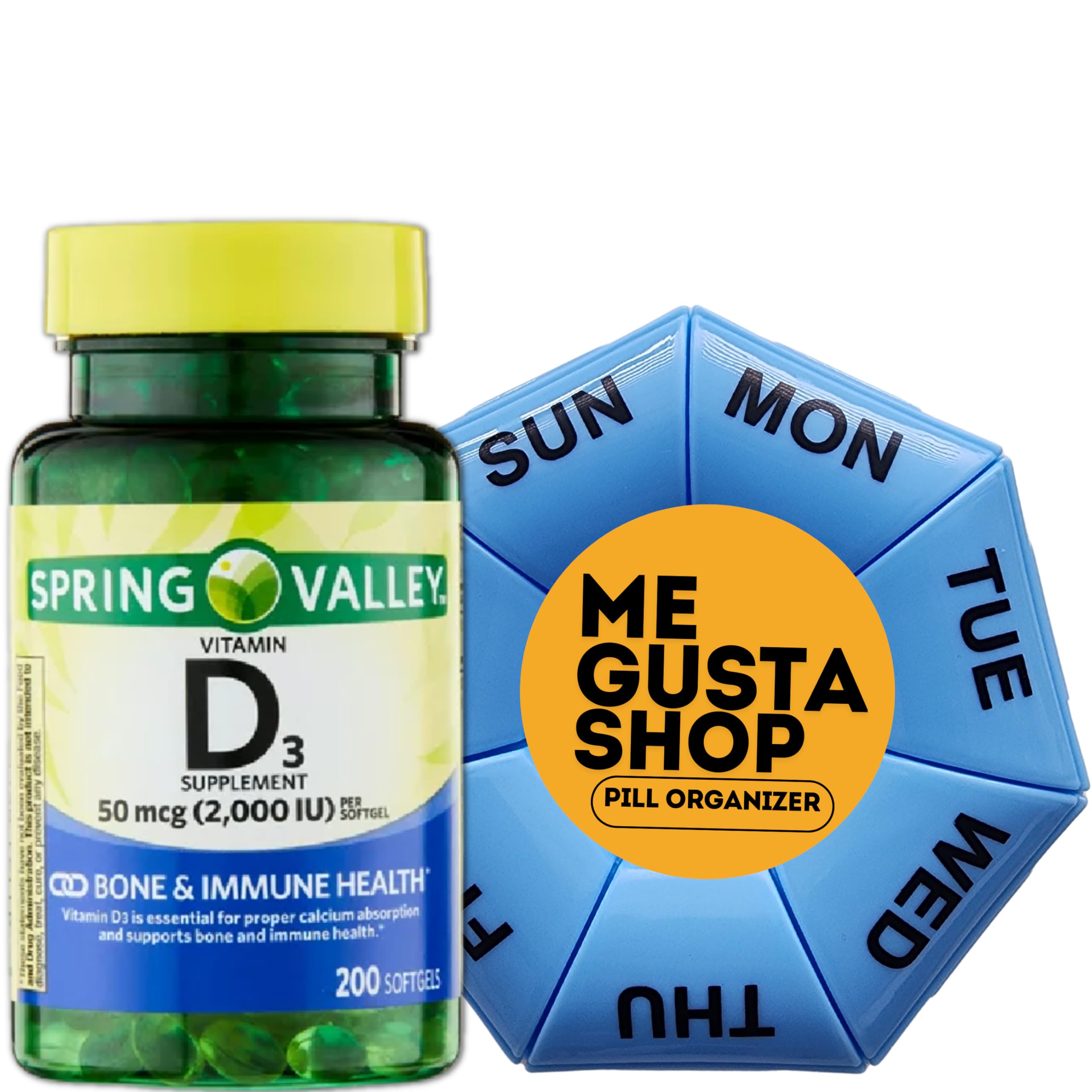 Front view of Spring Valley Vitamin D3 bottle with pill organizer