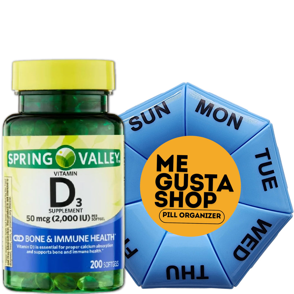 Front view of Spring Valley Vitamin D3 bottle with pill organizer