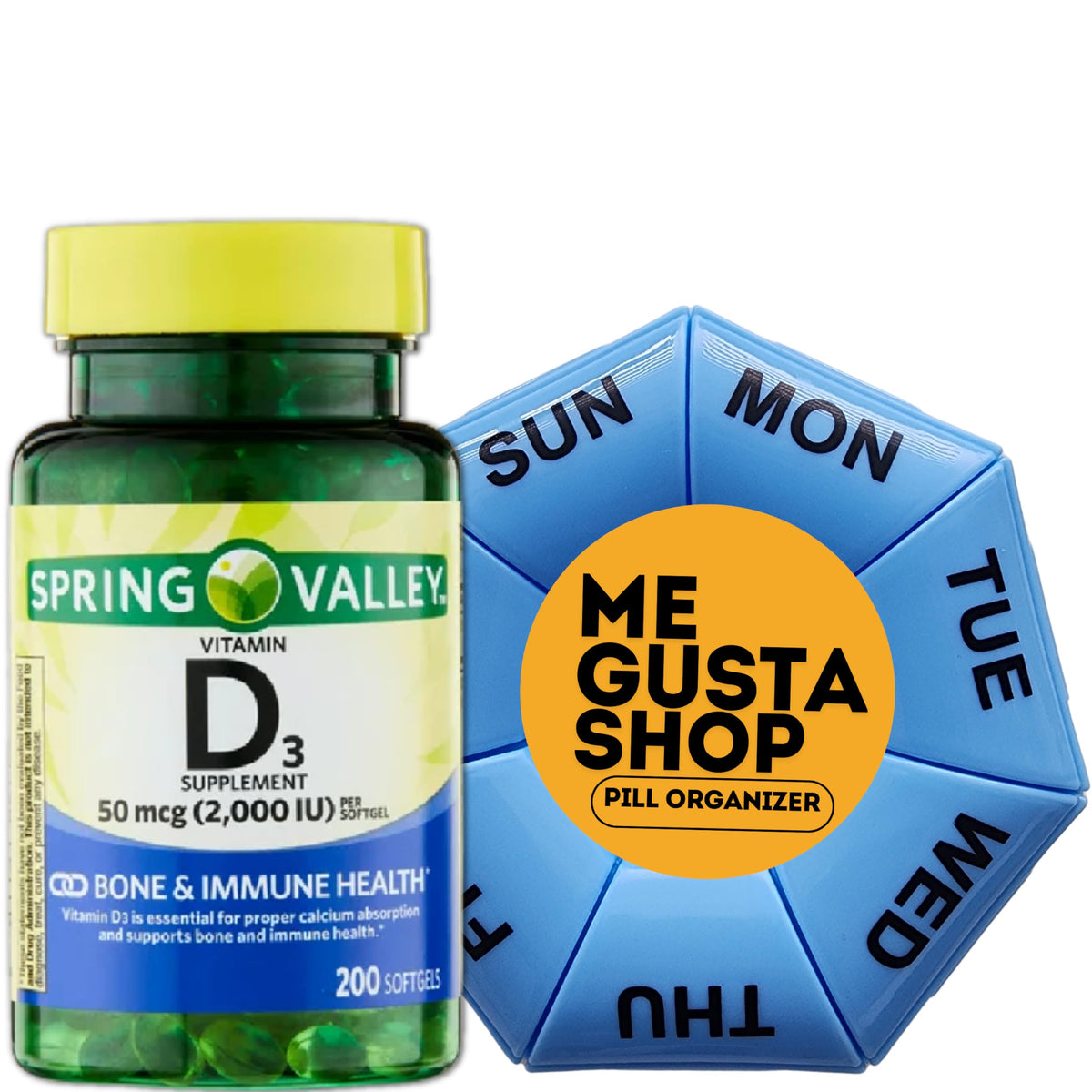 Front view of Spring Valley Vitamin D3 bottle with pill organizer