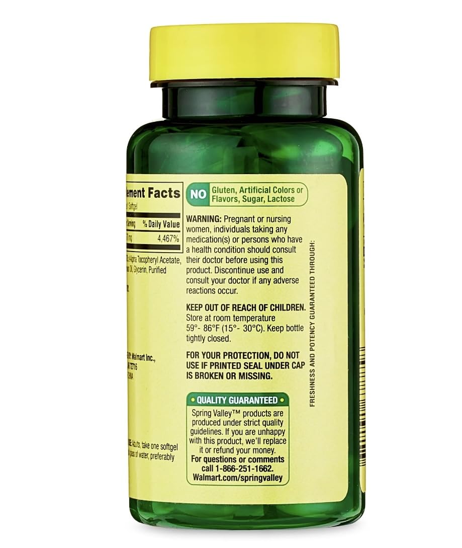 Close-up of Spring Valley Vitamin E D-Alpha softgels