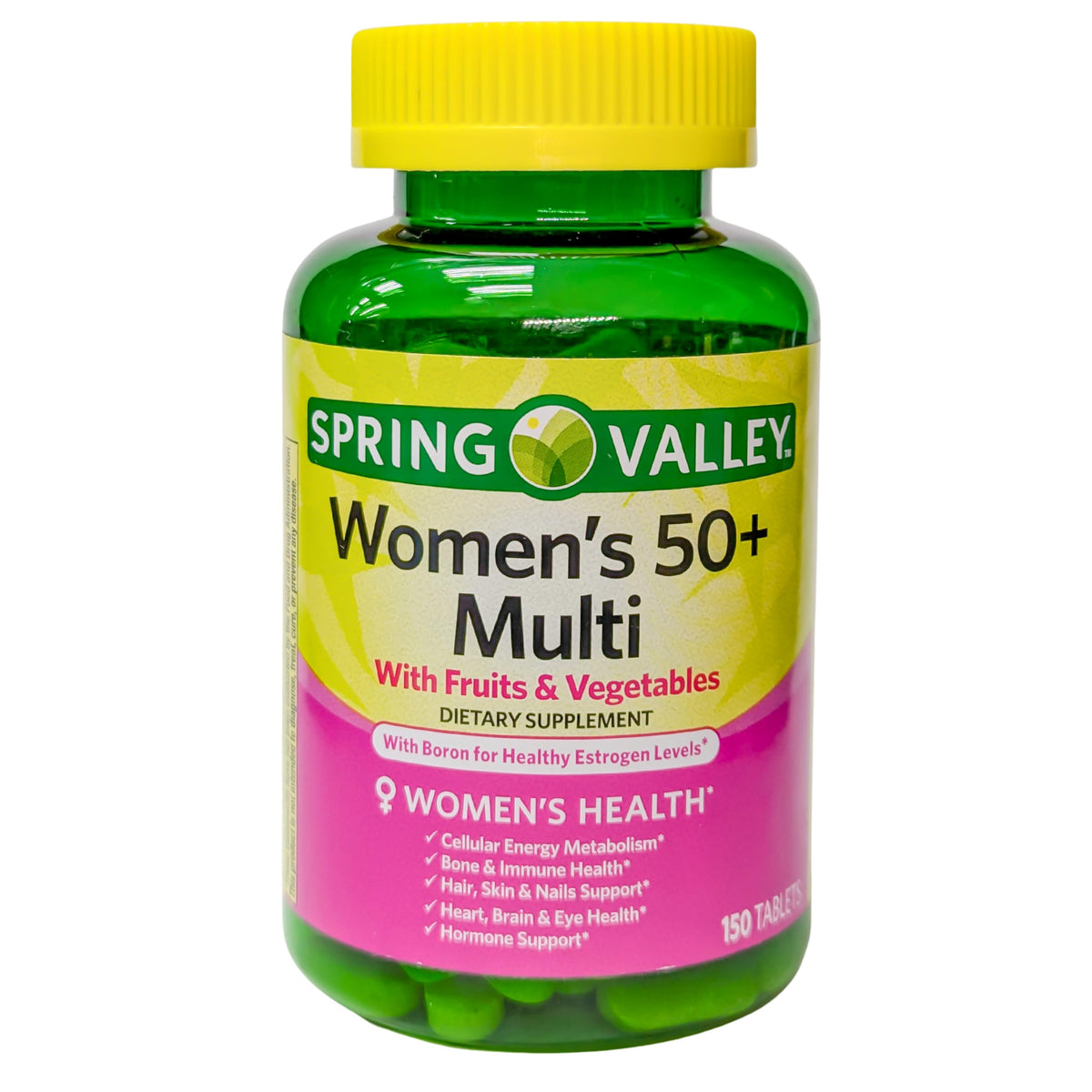 Spring Valley Women's 50+ Multi with Fruits & Vegetables bottle and tablets