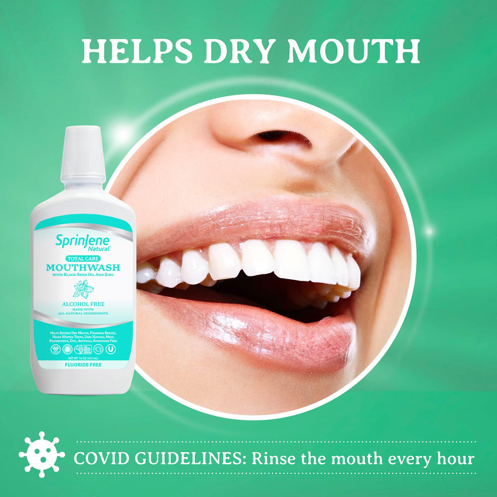 Mouthwash bottle with mint and fresh breath imagery