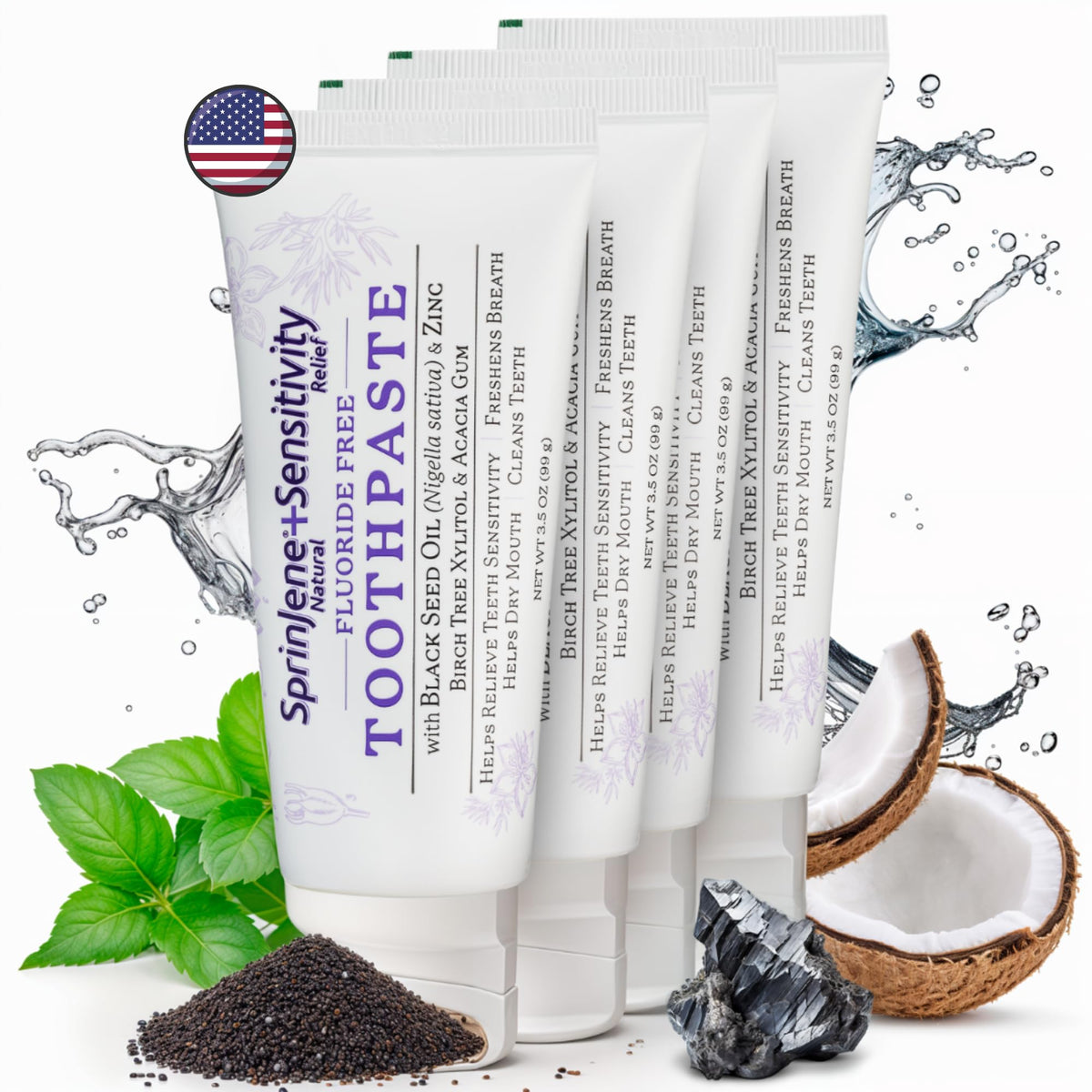 SprinJene Fluoride Free Toothpaste 4-pack packaging