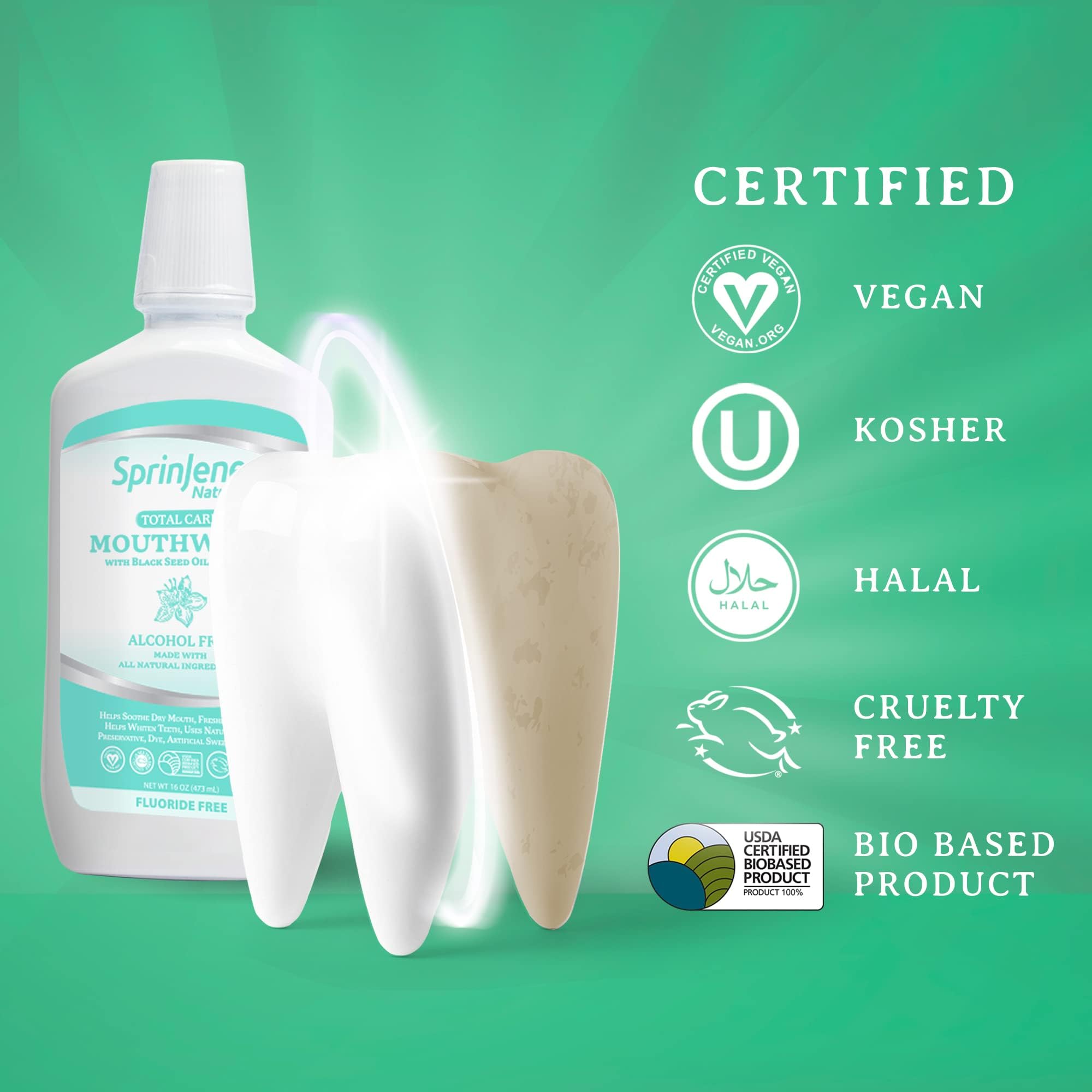 Made in USA badge on SprinJene mouthwash packaging