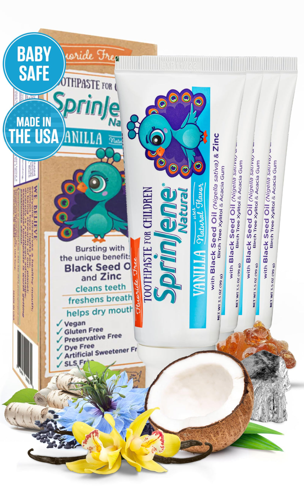SprinJene Natural Children's Toothpaste Vanilla packaging and tubes