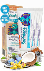 SprinJene Natural Children's Toothpaste Vanilla packaging and tubes