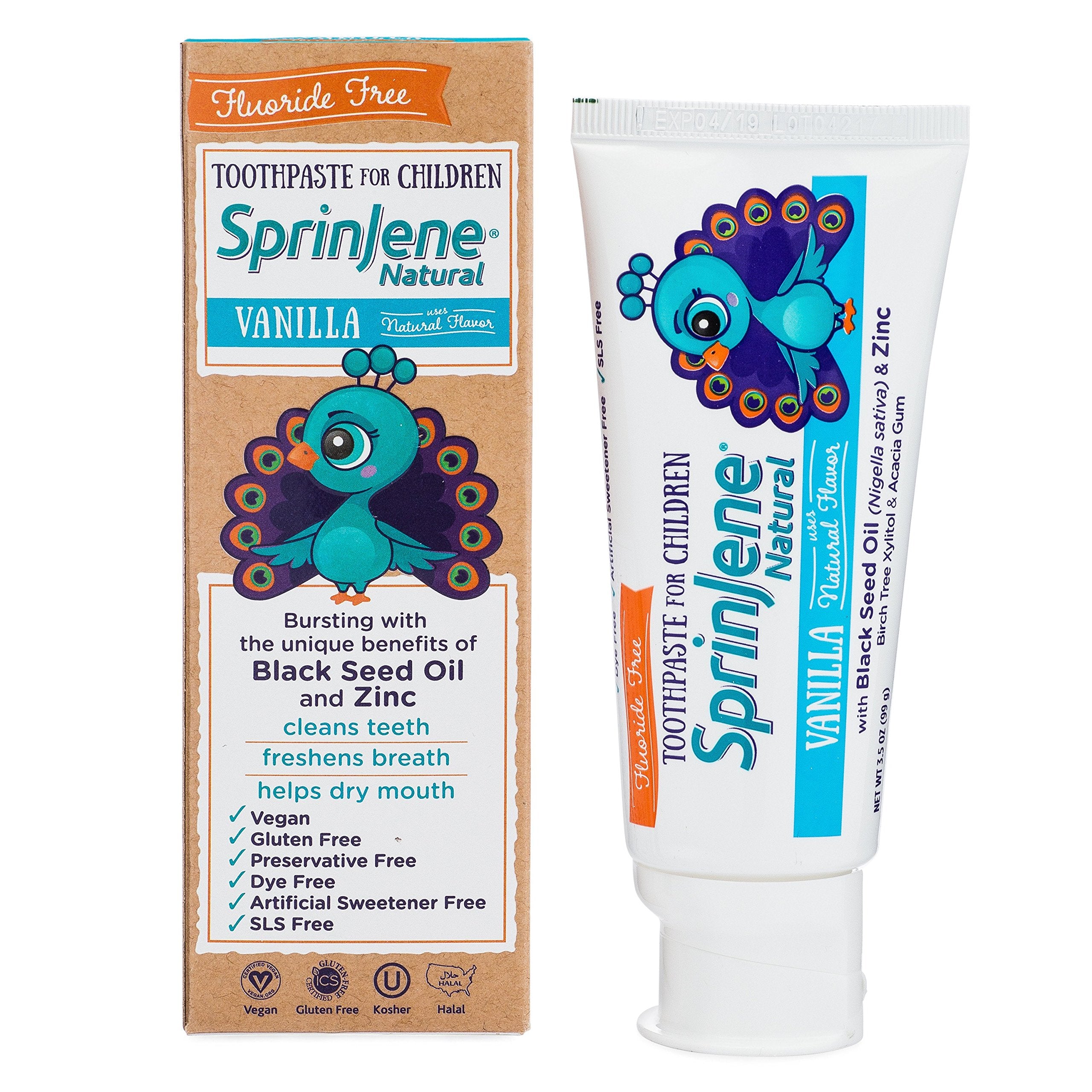 SprinJene Natural Children's Toothpaste for kids, fluoride-free vanilla flavor, USA-made, 1 pack