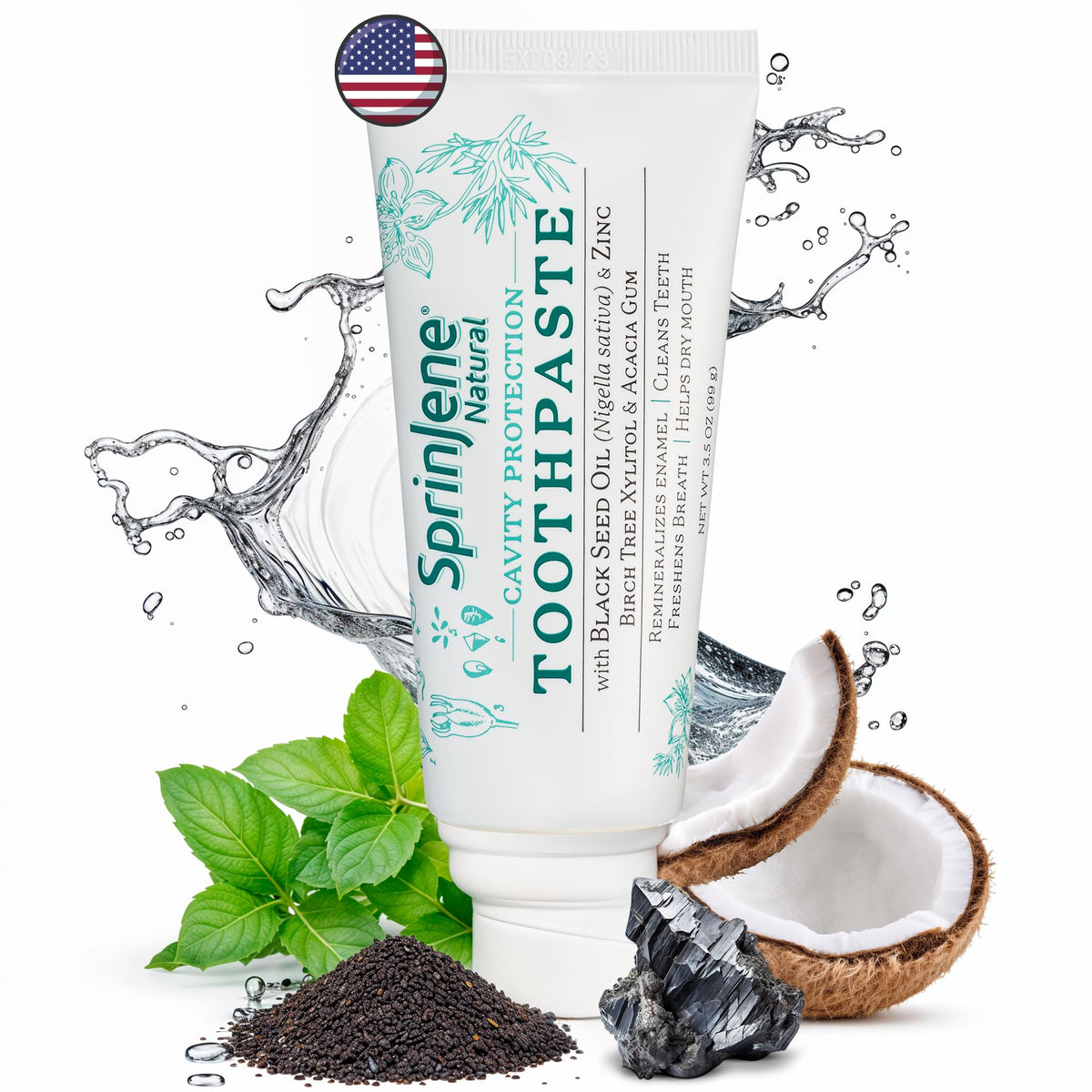 SprinJene natural fluoride toothpaste tube with packaging