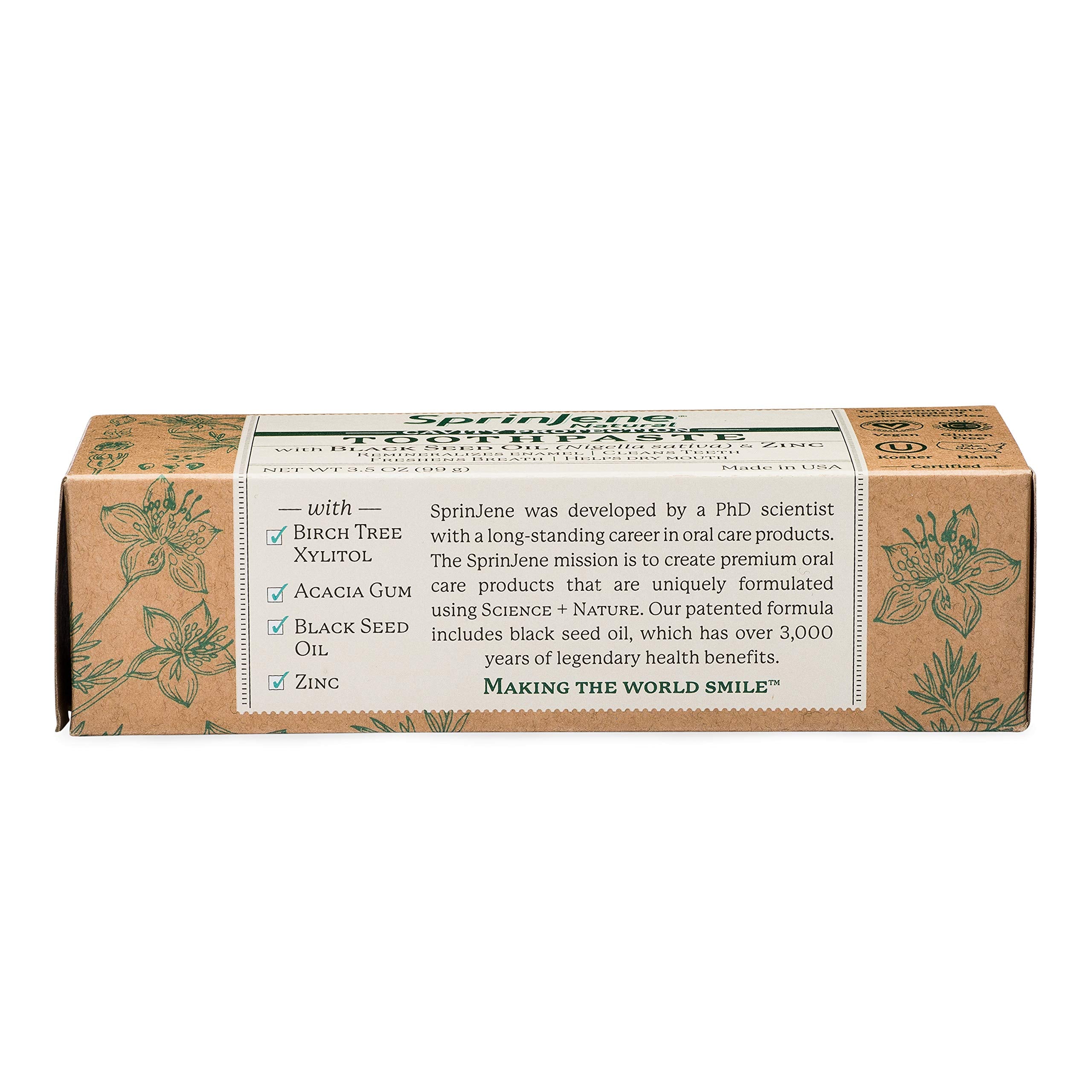 SprinJene toothpaste box and tube made in the USA