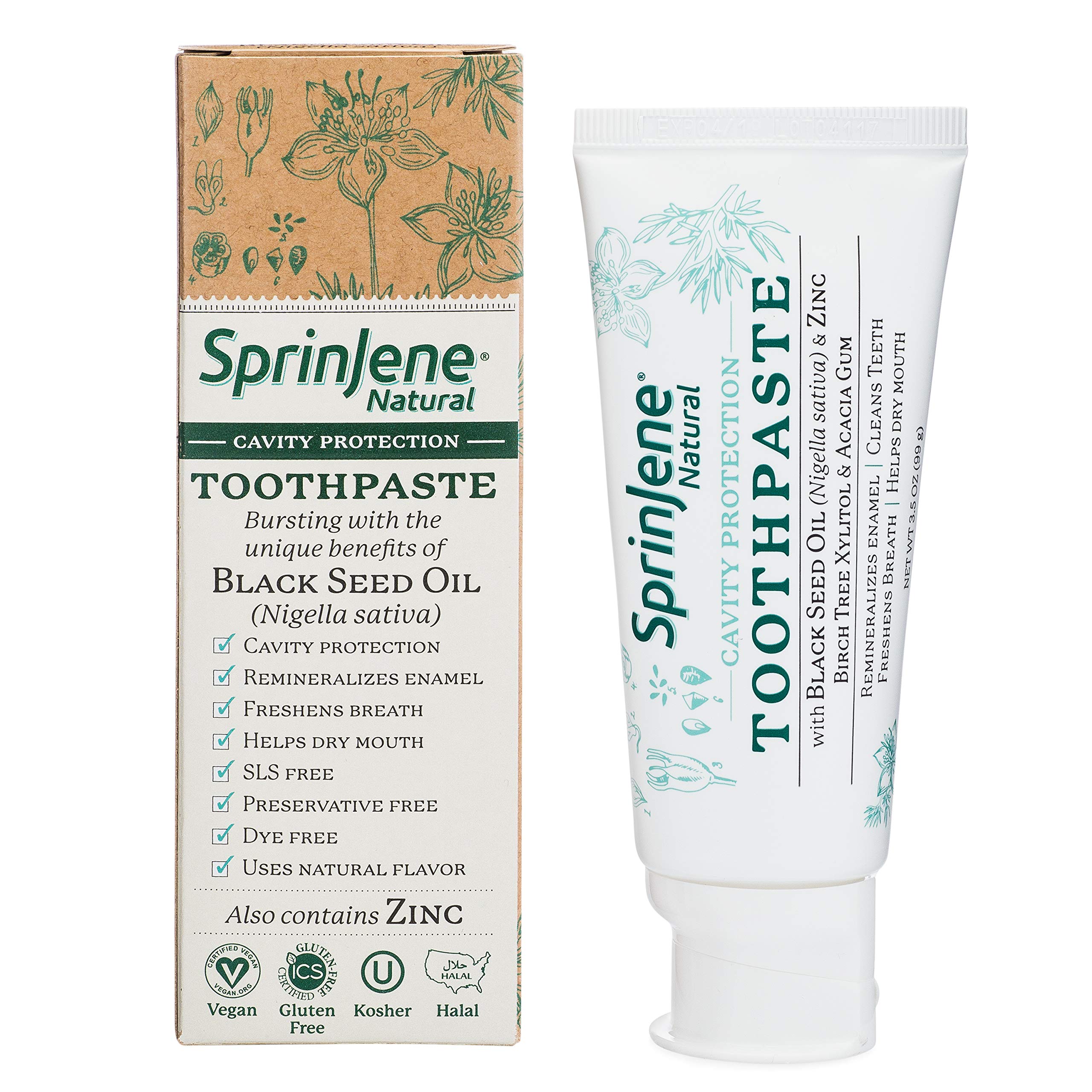 SprinJene Natural Fluoride Toothpaste 2-Pack box and tube with patented black seed oil and zinc formula