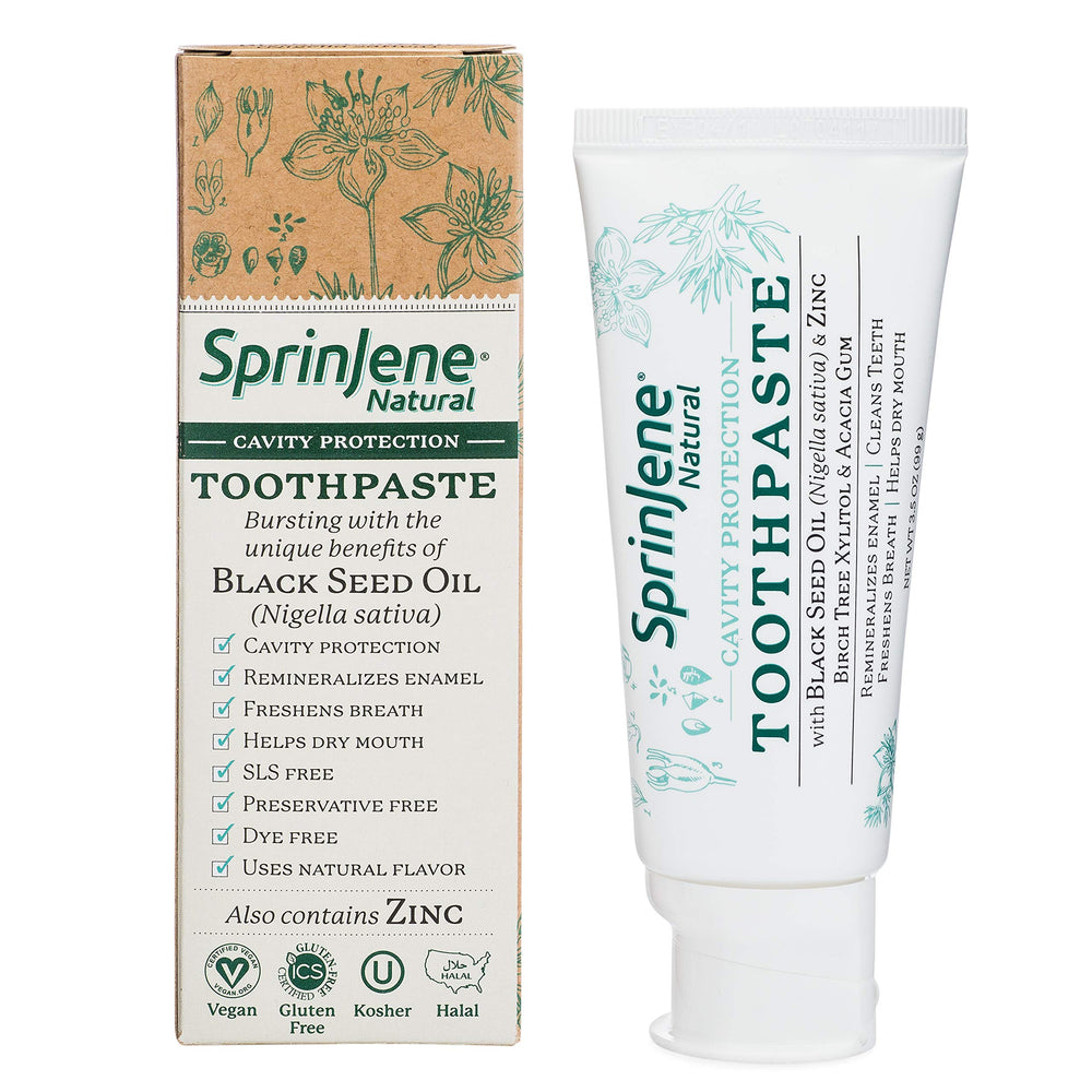 SprinJene Natural Fluoride Toothpaste 2-Pack box and tube with patented black seed oil and zinc formula
