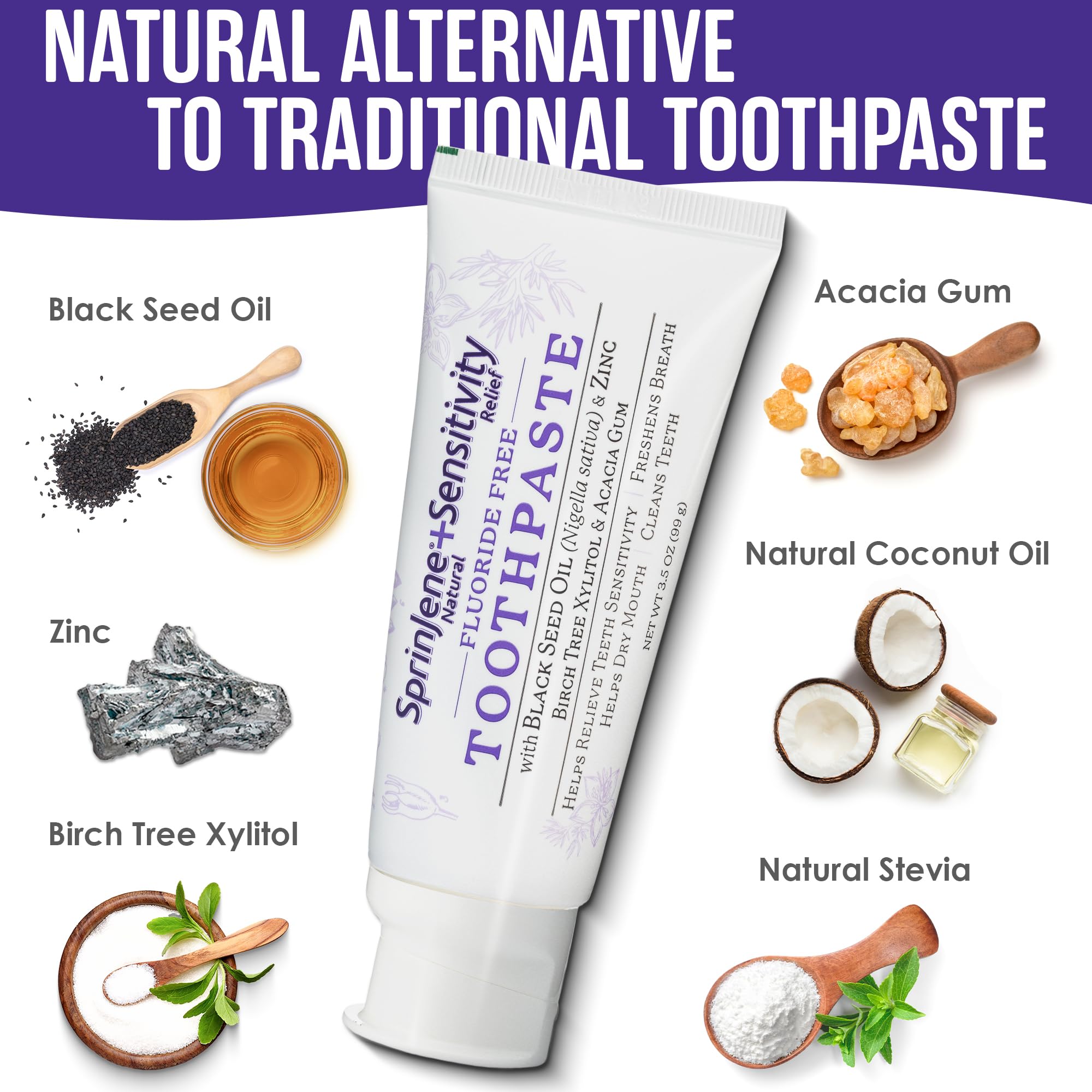 Natural vegan ingredients used in SprinJene toothpaste