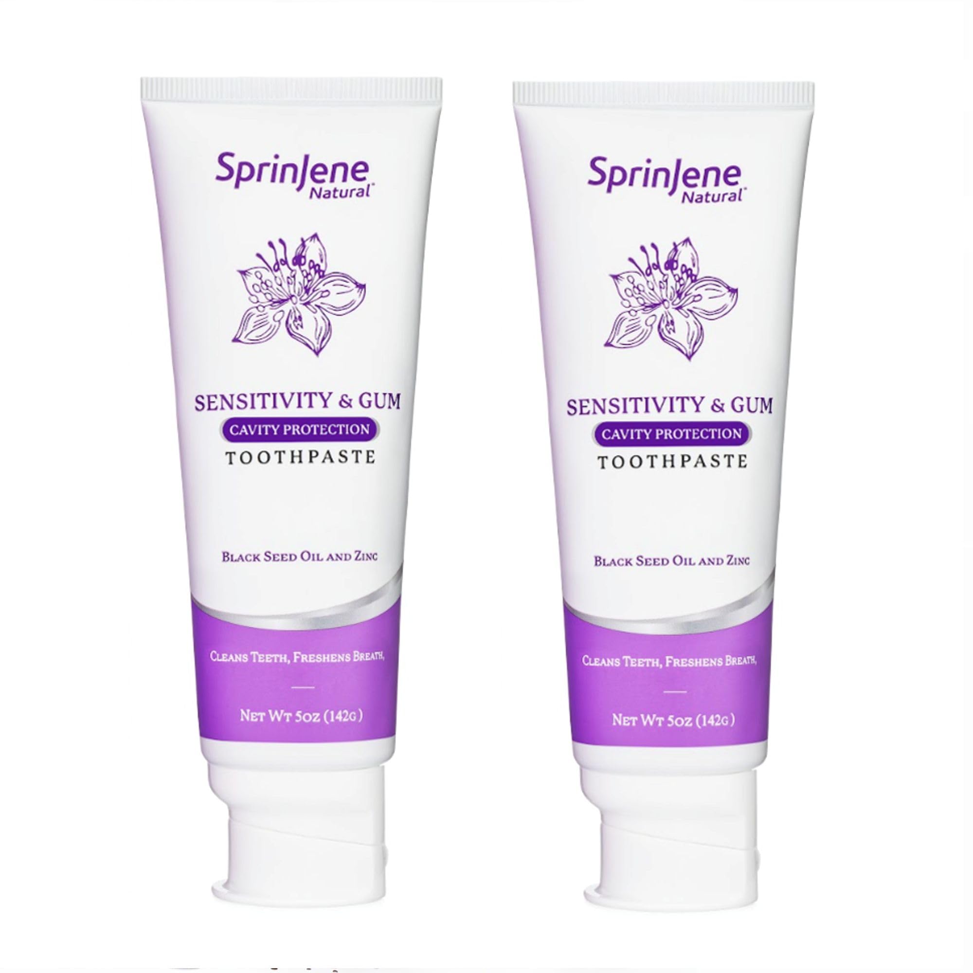 Two SprinJene Sensitivity & Gum toothpaste tubes in 2-pack packaging