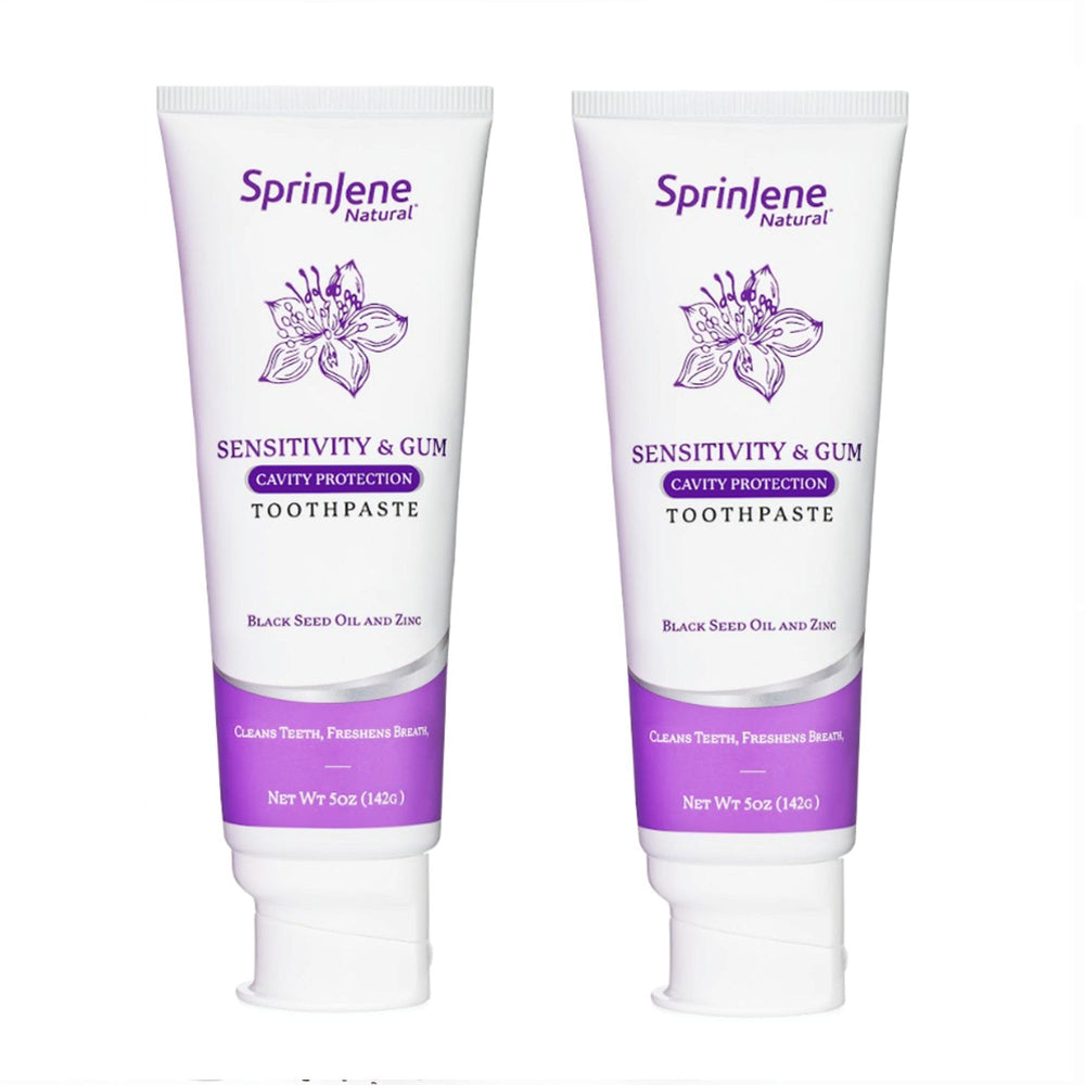 Two SprinJene Sensitivity & Gum toothpaste tubes in 2-pack packaging