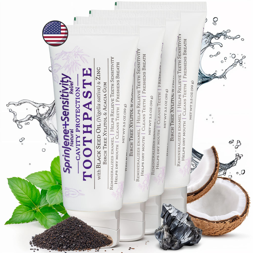 SprinJene Natural Sensitivity Relief Toothpaste front view with 4-pack