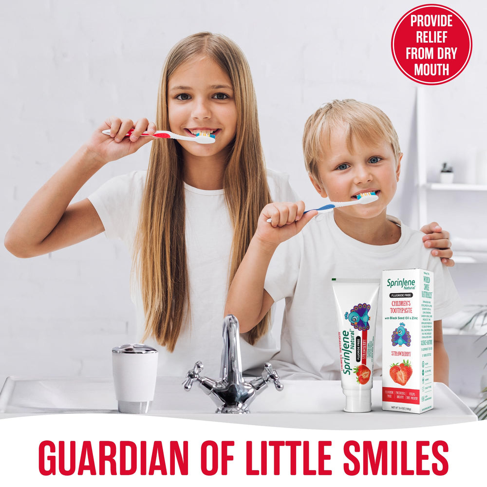 4-pack SprinJene toothpaste for kids on countertop