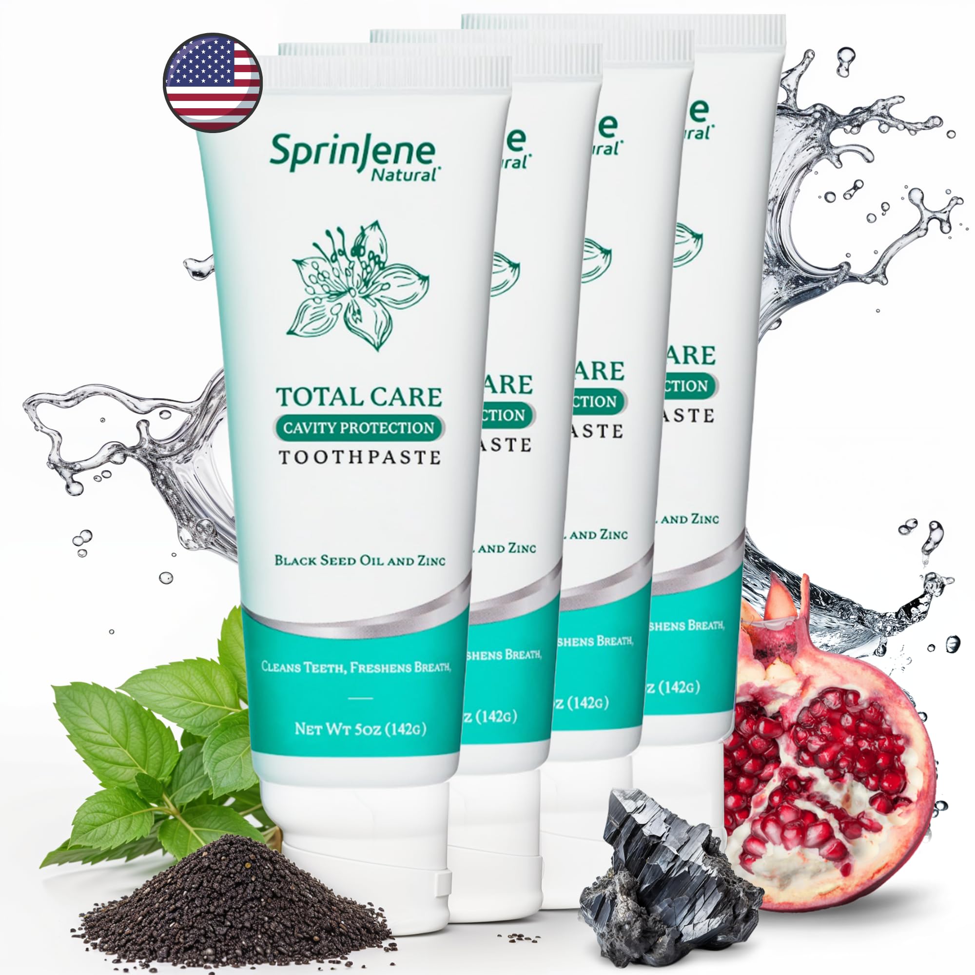 Hero image showing SprinJene Natural Total Care Toothpaste 4-pack packaging